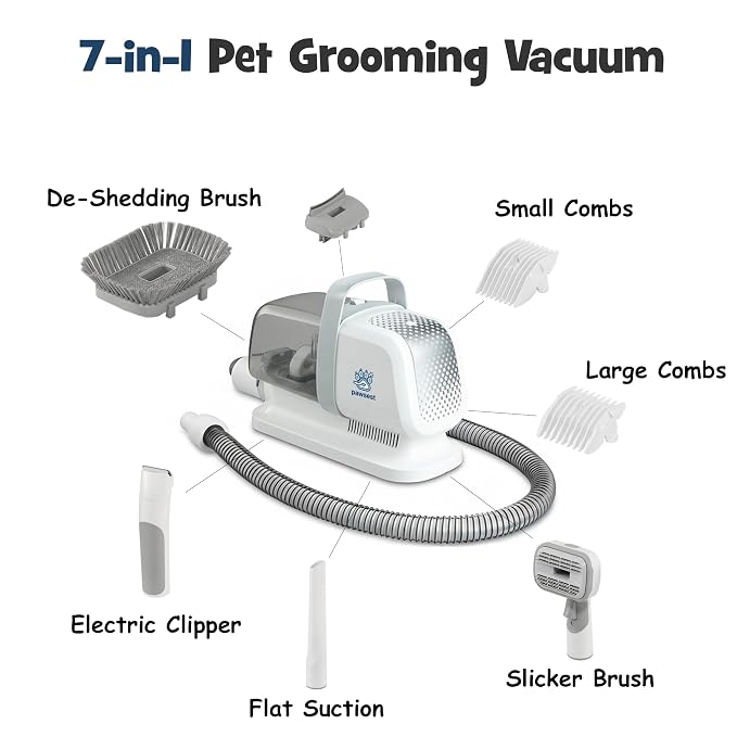 7-in-1 Dog & Cat Grooming Vacuum - Stop Fur & Anxiety at Grooming Time - with Quiet Dog Nail Grinder, Deshedding Dog Brush & Dog Hair Trimmer, Pet Hair Vacuum, 2L Dustbin