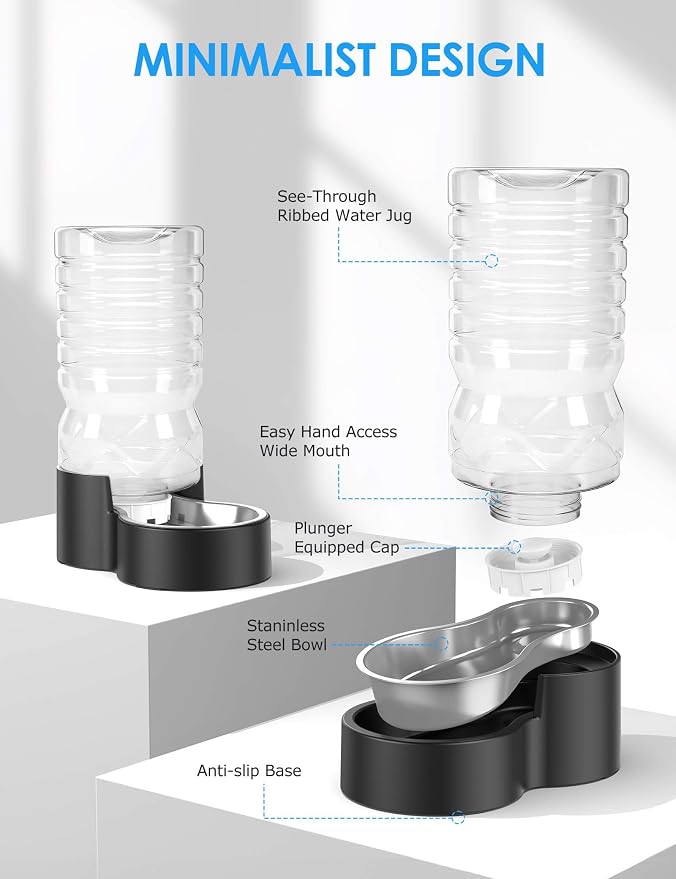 Heouvo 2.1 Gallon Automatic Dog Water Dispenser【Wide Mouth for Easy Hand-in Cleaning】【Removable Stainless Steel Bowl】, Gravity Refilling Large Capacity for Cats and Dogs, Multi-Pet Homes