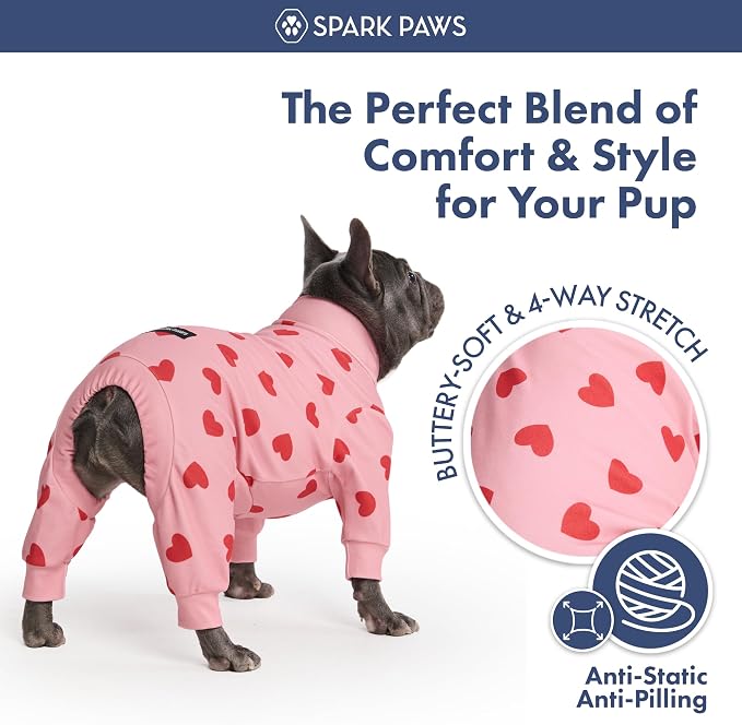 Spark Paws Dog Pajama, Dog Recovery Suit Male, Onesie, Ultra-Soft and 4-Way Stretch, for Small Medium and Large Breeds - Pink Hearts - 4XL
