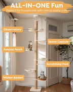 Veehoo Floor to Ceiling Cat Tree,106-123" Adjustable Tall Tension Cat Tower | 4.5" Sturdy Thickened Scratching Posts, Space-Saving, 7 Tier Climbing Pole, No Drilling, Corner Tree for Indoor Cat, Wood