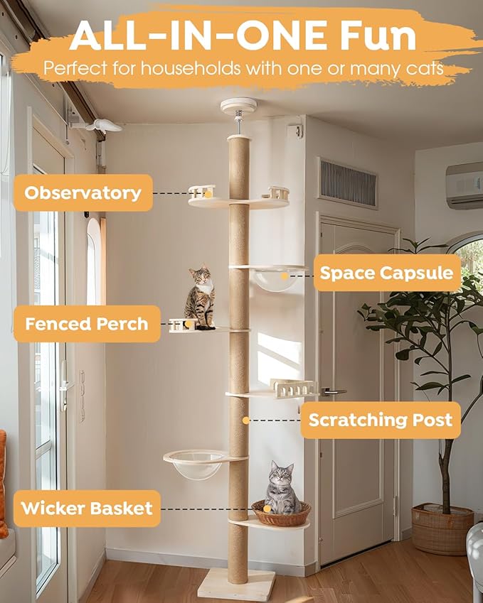 Veehoo Floor to Ceiling Cat Tree,106-123" Adjustable Tall Tension Cat Tower | 4.5" Sturdy Thickened Scratching Posts, Space-Saving, 7 Tier Climbing Pole, No Drilling, Corner Tree for Indoor Cat, Wood