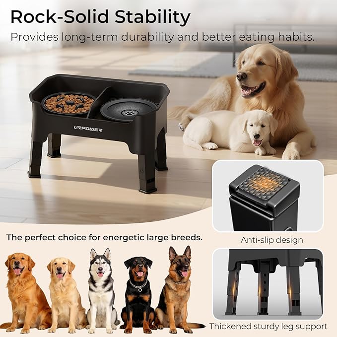 URPOWER Mess Proof Elevated Dog Bowls 4 Height Adjustable Raised Stand | No Spill Water Bowl, Slow Feeder Dog Bowls, Non-Slip Food and Water Bowl Set for Small, Medium & Large Dogs