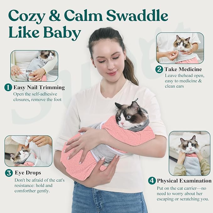 Supet Cat Grooming Wrap for Cutting Nails, Self-Adhesive Calm Cat Swaddle | Bite-Proof Mesh Hood & Thick Waist Strap Anti-Escape Anti-Scratch Bag for Nail Trimming, Medication, Ear Cleaning (Pink L)