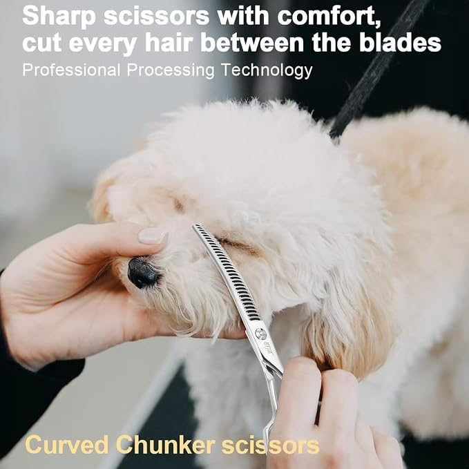 75'' Curved Chunker Shears for Dog Grooming, Professional Japanese 440C Stainless Steel Pet Grooming Scissors with Round Safety Tip & Ergonomic Handle, Sharp Trimming Scissors for Dogs and Cats
