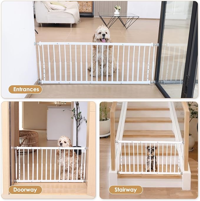 14''-19.5'' Height Adjustable Dog Gate, Extra Wide 18.1"-46" All Metal Short Dog Gate to Step Over, Pressure Mount Small Pet Puppy Gate for Stairs & Doorways(White)