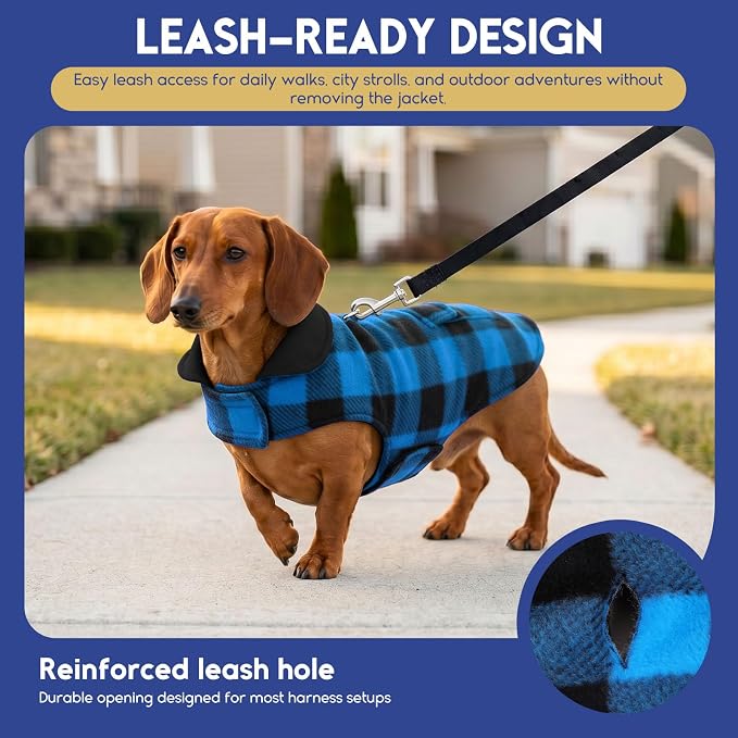 ASENKU Reversible Dog Winter Coat, Dog Jacket for Small Medium Large Dogs | Windproof Plaid Fleece Lining for Cold Weather, Water-resistant Outer Shell, Puppy Puffer Vest with Leash Hole, Blue S