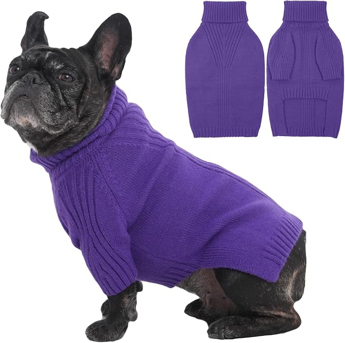 IECOii Dog Sweaters for Medium Dogs Girl Boy,Holiday Knit Doggy Sweatshirt with Sleeve,Turtleneck Thick Warm Dog Sweaters for Winter,Pullover Knitwear for French Bulldog,Boston Terrier (Purple, L)