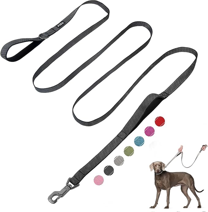 Fida 10ft Heavy Duty Dog Leash with 2 Comfortable Padded Handles, Traffic Handle & Advanced Easy Snap Hook, Reflective Walking Lead for Large, Medium & Small Breed Dogs, Black