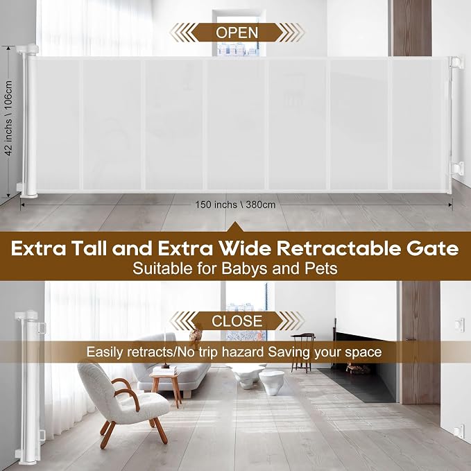 Miumoon 150 inch Reinforced Retractable Baby Gates 42 inch Tall | Retractable Dog Gate with No Crawl Through Reinforced Strip, 12 FT Extra Wide Retractable Gate for Indoor/Outdoor