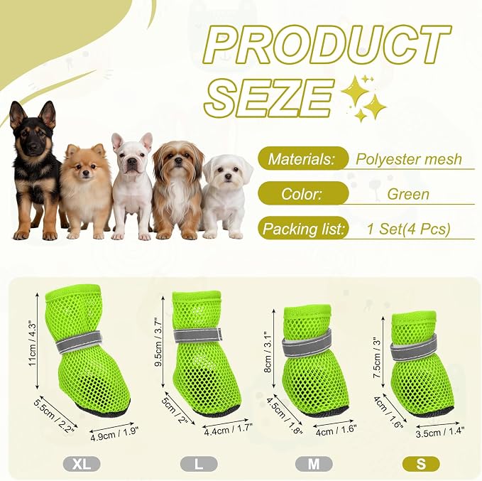 Dog Boots Paw Protector, Reflective Adjustable Non Slip Mesh Summer Breathable Dog Shoes Dog Walking Boots (S Size, Green, 4 Pcs) Intended for Paws Waterproof for Dogs/Cat/Puppy