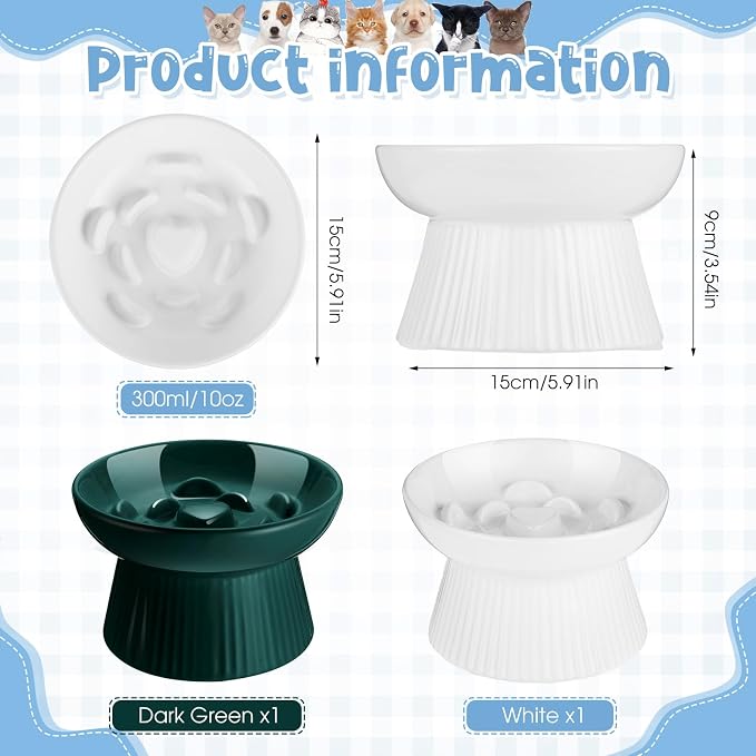 Tioncy 2 Pcs Ceramic Elevated Slow Feeder Cat Bowl, Raised Cat Slow Feeder Bowl, Anti Vomiting for Dry and Wet Food, No Spill High Edge Easy Clean Dishwasher Safe (Dark Green,White)