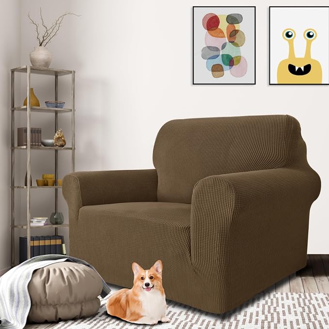 MAXIJIN Stretch Chair Cover Chair Slipcovers with Arms, 1-Piece Couch Sofa Chair Covers for Living Room, Non Slip Armchair Cover (31"-46") Furniture Protector Dogs Pet Friendly (Chair, Brown)