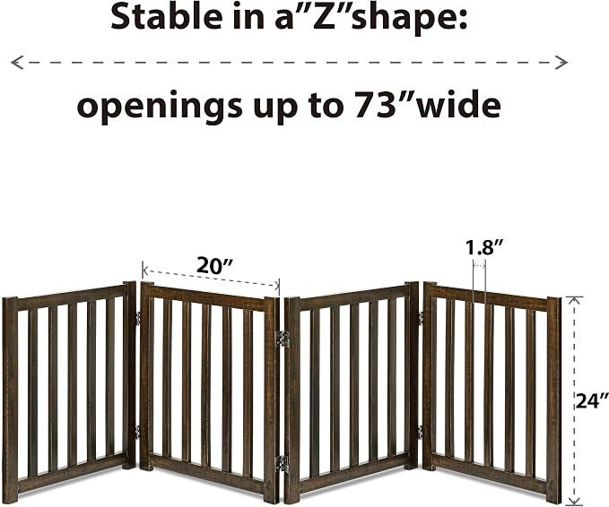 LZRS Wooden Free Standing Dog Gate 80" W x 24" H, Foldable Solid Hardwood Pet Safety Fence for House Doorways, Stairs, Hallways, Step-Over Pet Barrier, No Drill Easy Setup, Walnut