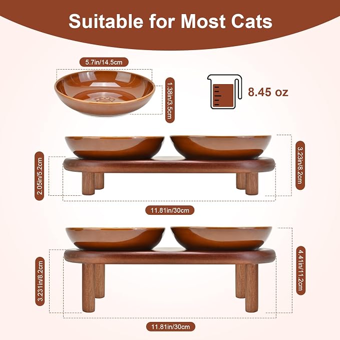 SPUNKYJUNKY Extra Wide Elevated Ceramic Cat Bowl with Acacia Wood Stand Whisker Friendly (Cat Paw Pattern, Brown)
