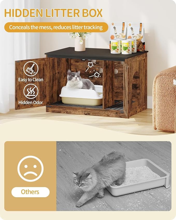 Hzuaneri Cat Litter Box Enclosure, Hidden Litter Box Furniture with Divider | Wooden Cat Cabinet with Removable Dividers, Reversible Entrance Left or Right Side, Cat Washroom, Rustic Brown Black CB84601X