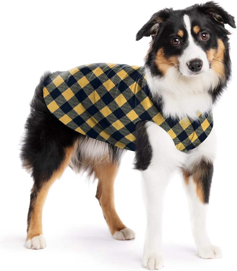 Goldpaw Stretch Fleece Dog Sweater - with Spandex for 4-Way Stretch - Soft, Comfortable Dog Coat - Machine Washable - Made in the USA - Gold Buffalo Check - Size 14