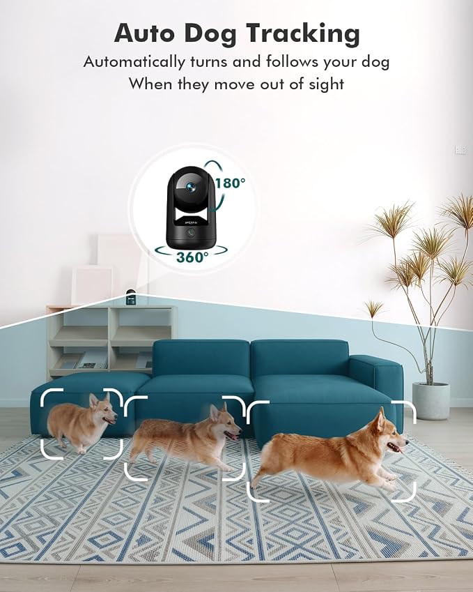 Dzees 2K Indoor Security Camera, 360° WiFi Pet Camera with Phone App | 5GHz and 2.4GHz WiFi, wired design, 2-way audio, motion tracking, night vision