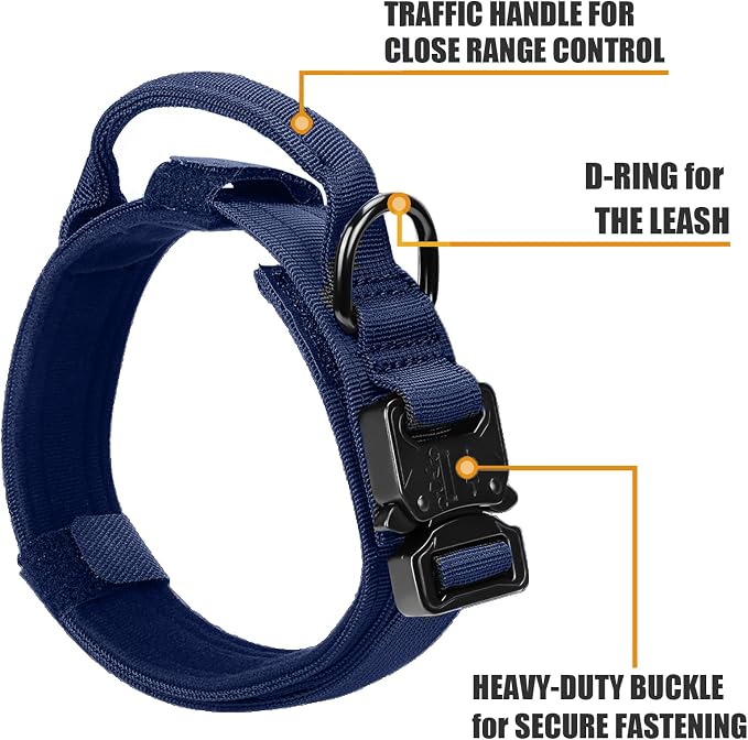 Tactical Nylon Dog Collar - Heavy Duty Metal Buckle with Handle for Dog Training, with Patches (Blue, L)