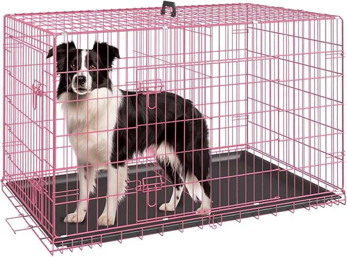 FDW Dog Crate Dog Kennel Cage with Double Door,36 inch Folding Metal Wire Dog Cage with Removable Tray&Divider Panel,Pet Crate for Medium Dogs,Pink