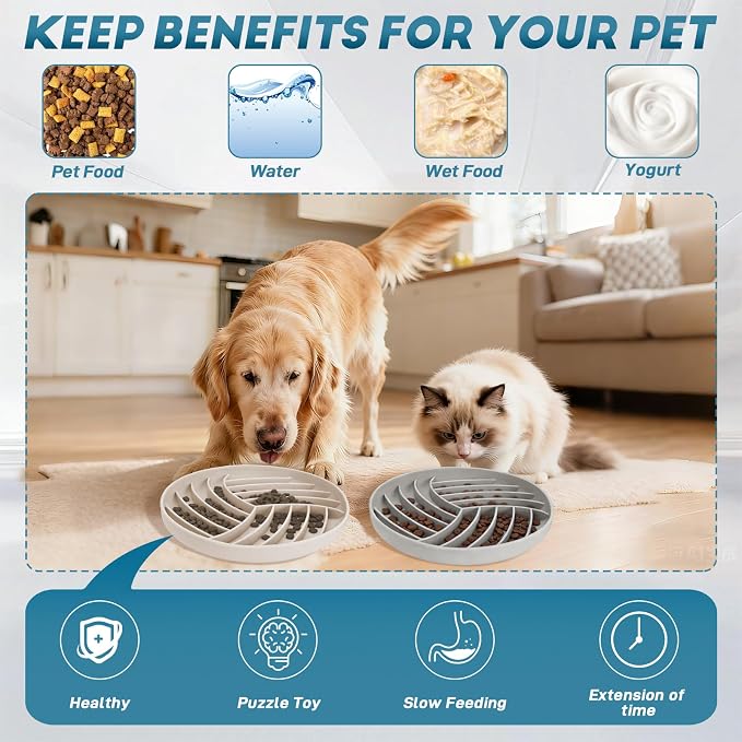 Silicone Slow Feeder Bowls for Dogs and Cats - Wet Food, Suction Cups, Interactive, Reduces Boredom, Anxiety, Anti-Choking, Non-Slip Design (Gray & Beige)