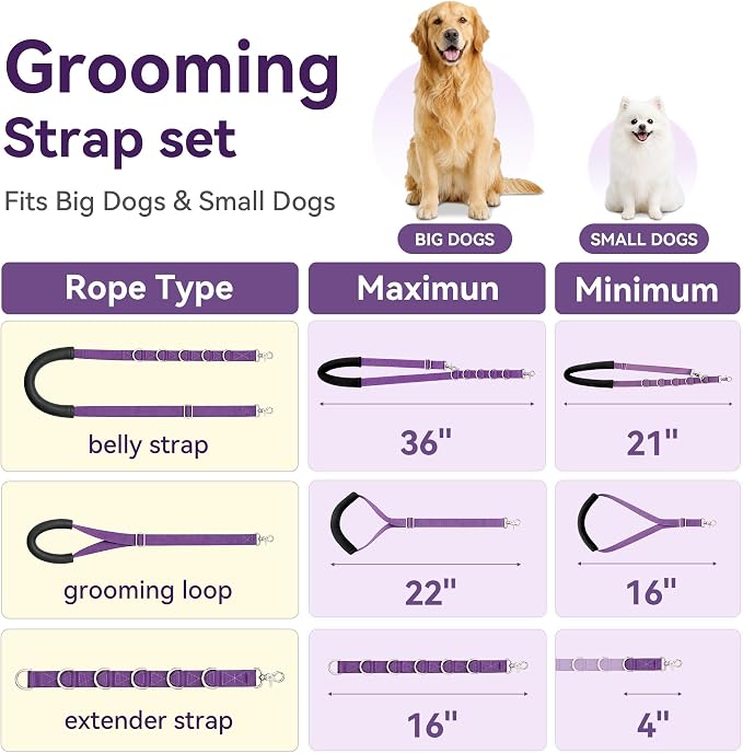 Dog Grooming Arm for Table, H-Shape Adjustable Grooming Stand, 42" Height & 26"–50" Width, Clamp-On Pet Grooming Arm with Grooming Loop and Belly Strap Set for Home Grooming, Nail Trimming & Drying