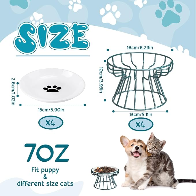Roshtia 4 Sets Elevated Cat Bowls Ceramic Raised Cat Food Bowls with Metal Stand Dishwasher Safe Dishes Non Slip Elevated Food Plate(Green,Paw)