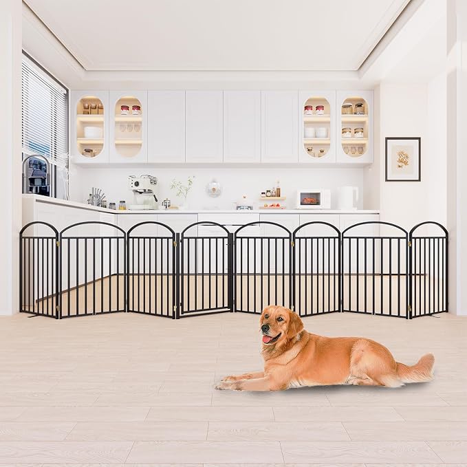 SNUOWU 8 Panels Full Matel Freestanding Dog Gates with Door, 192"Extra Wide 32"Tall Free Standing Dog Pet Gate for Indoor & Outdoor. Foldable Pet Fences for Doorways, House, Stairs, Porch, Deck, Yard