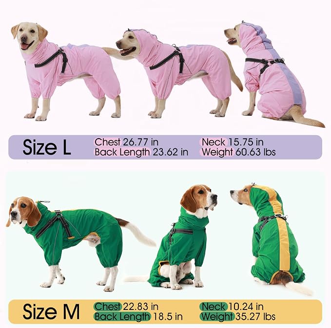 Lelepet Large Dog Raincoat with Harness, Green, XXL | Waterproof full body for rainy walking hiking, Adjustable detachable hood for flexible wear, Reflective stripes ensure safety