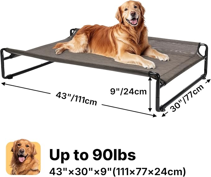 Veehoo Outdoor Elevated Dog Bed, Cooling Raised Dog Beds for Large Dogs | Washable Dog Cot with Headrest Sides, Non-Skid Feet, Breathable Mesh, Cooling Pet Hammock for Indoor or Camping, 42", Brown