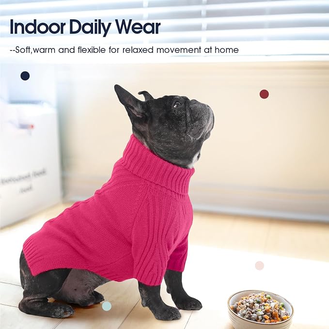 IECOii Dog Sweaters for Medium Dogs Girl Boy,Holiday Knit Doggy Sweatshirt with Sleeve,Turtleneck Thick Warm Dog Sweaters for Winter,Pullover Knitwear for French Bulldog,Boston Terrier (Rose red, L)