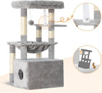 Heybly Cat Tree, Kitten Tower with Large Soft Cat Basket HCT008SW | Cat Condo with Spacious Cat Bed Cave with Hidden Space, Sisal Scratching Posts, Dangling Ball for Indoor Cats, Light Gray
