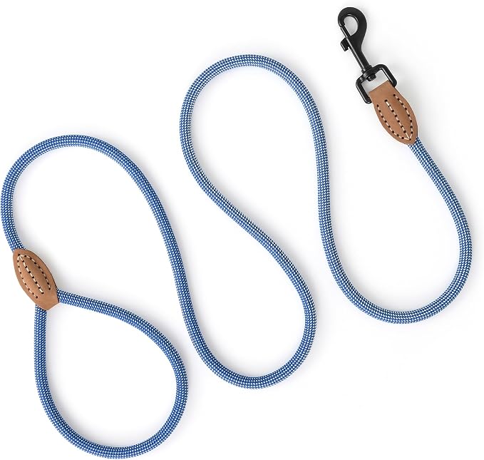 Mile High Life Thin Small Dog Leash with Genuine Leather Connection | Rope Leash, Heavy Duty 360° Swivel Metal Clasp, for Small Medium & Large Dogs (Blue White, 60 Inch)