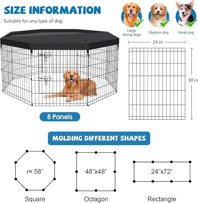 Artmalle 30-Inch Dog Playpen with Top Cover, 8-Panel Rustproof Fence | 30-inch rustproof 8-panel dog playpen with mesh top cover, foldable setup and flexible shapes for indoor or outdoor use.