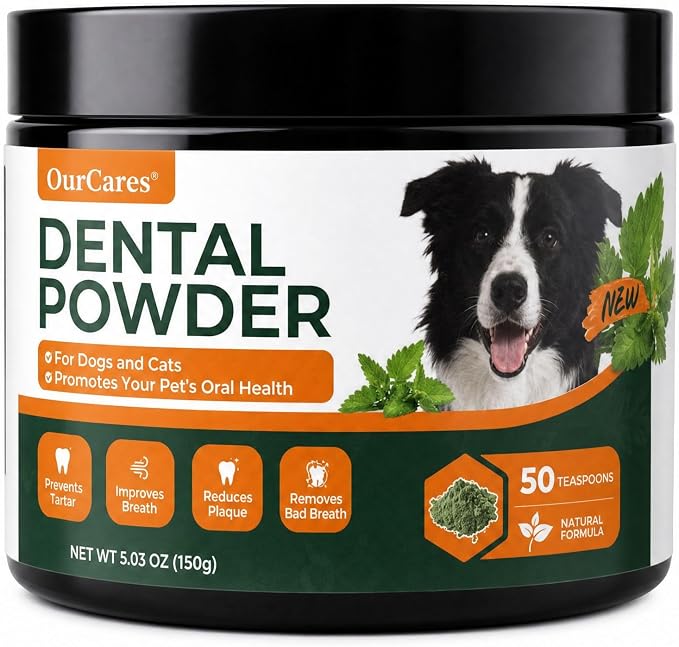Dog & Cat Dental Powder for Plaque, Tartar & Fresh Breath 150g | Sprinkle-on dental powder with kelp, probiotics & zinc. No brushing needed for plaque, tartar & fresh breath. Mint flavor.