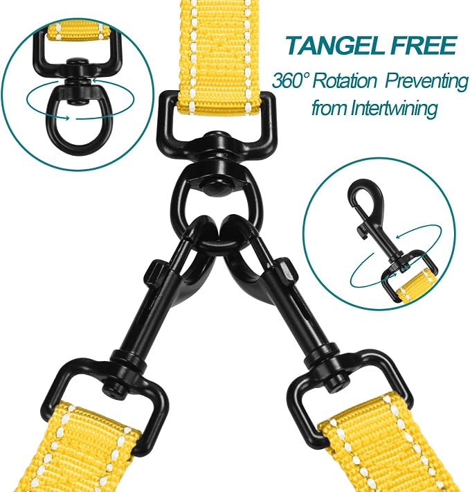 PetBonus Double Dog Leash, No Tangle Dual Leash, Walking Training Lead | 4 Comfortable Padded Handles, Adjustable, Reflective, For Two Large Medium Dogs, Collapsible Bowl and Waste Bags, Yellow