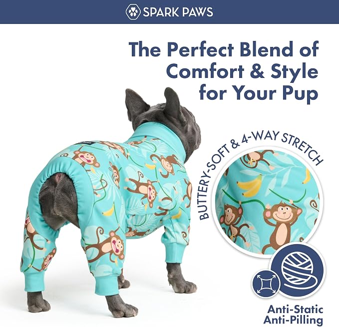 Spark Paws Dog Pajama, Dog Recovery Suit Male, Onesie, Ultra-Soft and 4-Way Stretch, for Small Medium and Large Breeds - Monkey Business - 2XL