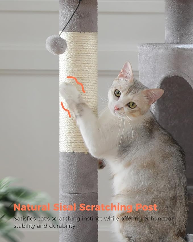 XL Cat Tree 44" Cat Tower for Large Cats 20 lbs, 2 Spacious Caves | Multi-Level Cat Tree with Scratching Posts, Soft Padded Perch, 2 Dangling Toys
