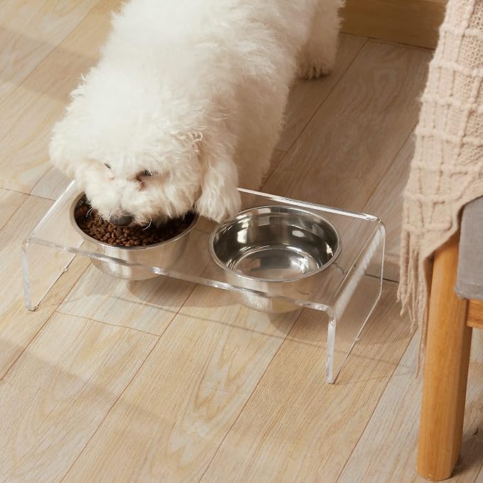 Acrylic Elevated Dog Cat Bowls Pet Feeder Double Bowl Raised Stand Comes with 4 Removable Stainless Steel Bowls. Perfect for Cats Puppies Small Dogs, 3.75 Inch
