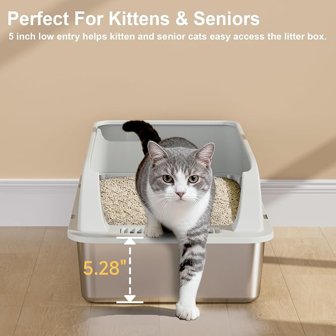 TENTIZON Stainless Steel Cat Litter Box, XL Large Metal Kitty Litterbox with High Side Lids, Litter Mat, Scooper for Big Cats, Kittens, No Odor, No Mess, Leak Proof, Easy Clean, Non Stick