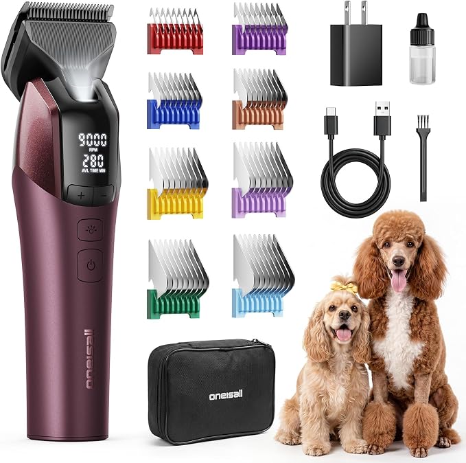 oneisall Professional Dog Clippers for Grooming Thick Hair, 9000RPM 5 Speed | 5 in 1 DLC Blade, 280min Cordless, Low Noise Dog Grooming Kit with 8 Metal Combs Carring Case for Dogs Cats Pet