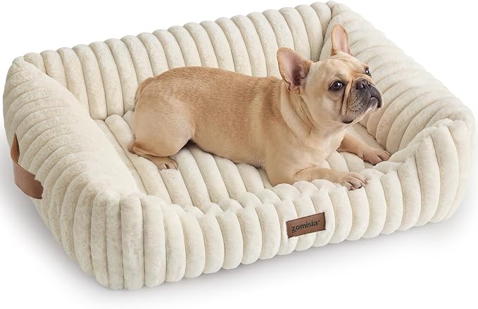 ZOMISIA Orthopedic Dog Bed for Medium Dogs with Washable Cover, 30x24'' | Large Rectangle Pet Bed, Neck-Friendly Bolster, Low-Front Edge, Waterproof Fluffy Removable Cover, Cream