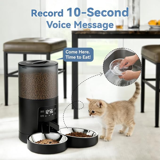 DUMOS 6L Automatic Cat Feeder for 2 Cats, Timed Pet Food Dispenser - Black | 2 Stainless Bowls, 10s Voice Call, Dual Power Supply, 6 Meals Per Day, 50 Portions Per Meal, Dual Pet Feeder for Cat and Dog
