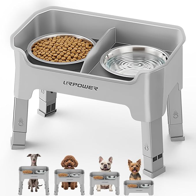 URPOWER Mess Proof Elevated Dog Bowls for Small Dogs with Splash Guard | 4 Height Adjustable Raised Stand with 2 Stainless Steel Food Bowls & Licking Plate for Small, Medium & Large Dogs