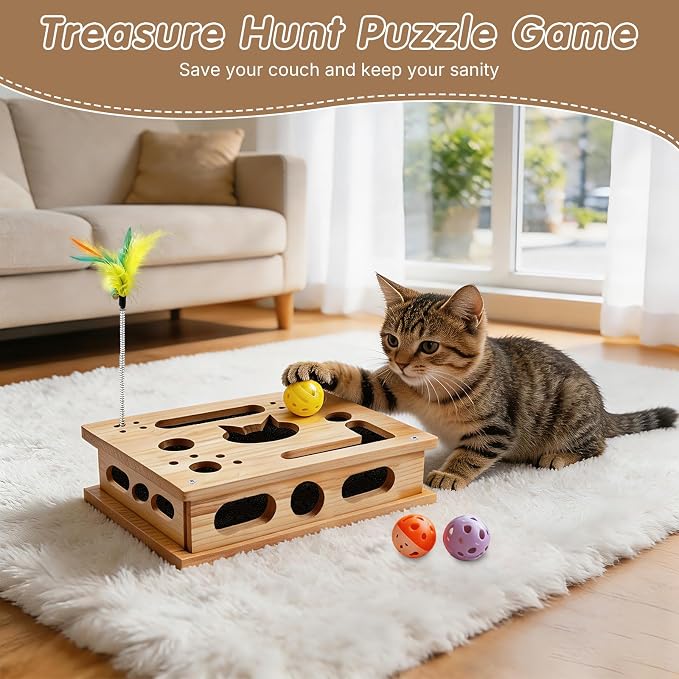 Wooden Cat Scratch Puzzle Enrichment Box, with 3 Balls & 1 Wand | Integrated Cat Nail File Scratcher with Sandpaper Liner - Stress Free Alternative to Clippers & Grinders for Indoor Cats (S)