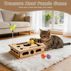 Wooden Cat Scratch Puzzle Enrichment Box, with 3 Balls & 1 Wand | Integrated Cat Nail File Scratcher with Sandpaper Liner - Stress Free Alternative to Clippers & Grinders for Indoor Cats (S)