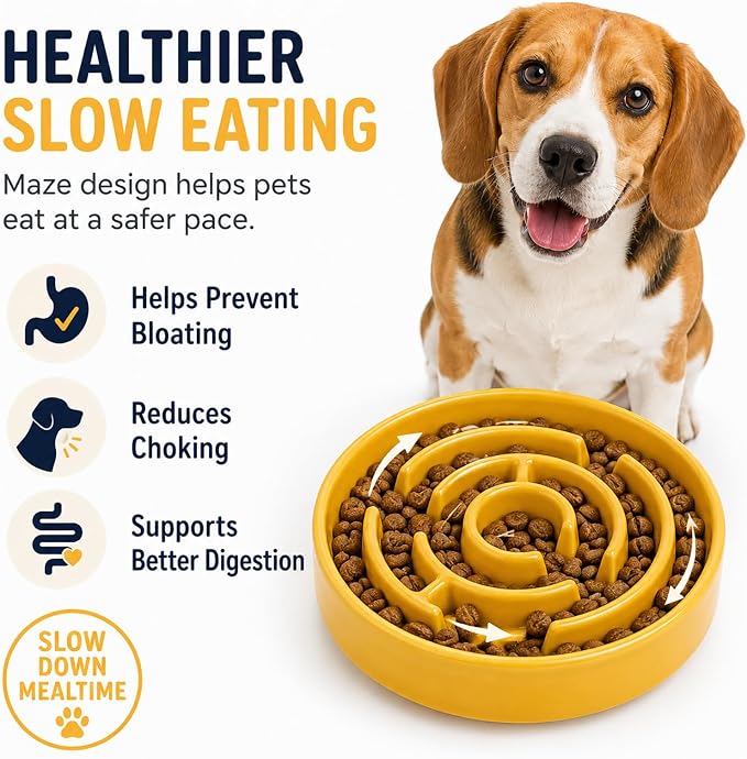 Ceramic Slow Feeder Dog Bowl,1.5 Cups Pet Slow Feeder for Small and Medium Breed,Puzzle Dog Food Dish,Anti-Gulping,Stop Bloat,Preventing Choking(Yellow)
