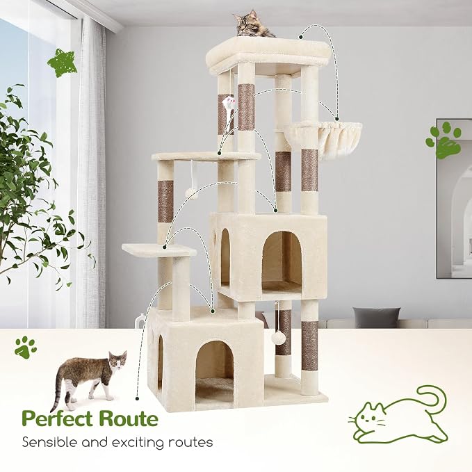 Globlazer Cat Tower for Indoor Cats, Heavy Duty Cat Trees for Large Cats Adult Big Cats Maine Coon Cat Tree Tower with Scratching Post, Extra Large Top Perch, Cat Condos, F61, Beige, 61inch