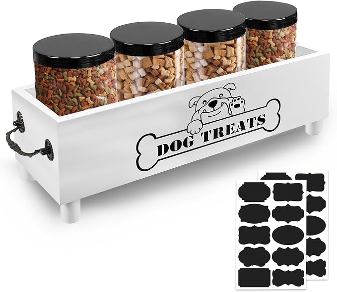 Large Dog Treats Container, Dog Cookie Jar for Dogs Cat Treats Container, Farmhouse Wood Pet Treats Storage Organizer for Dog Food Storage Container with 4 Jars, Cat Dog Treat Organizer(White)