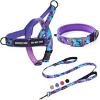 Annchwool No Pull Dog Harness,Heavy Duty Collar & Leash Set-Leash with Double Handle & Car Seatbelt Clip,Easy Control for Walking Training Medium Large Size Dogs(Camo Purple,L)