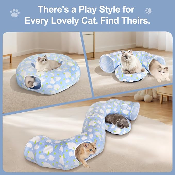 Cat Tunnel Bed, Foldable Cat Donut Tunnel with Removable Cushion, Toy Ball & Social Windows, Stress Relief Fun, Round Pet Play Tunnel for Indoor Cats, Kittens and Small Pets (3D Cloud Pattern)